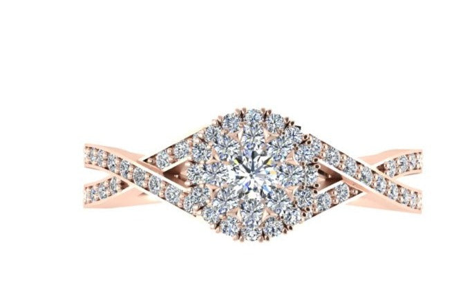CLUSTER DIAMOND ENGAGEMENT RING WITH CROSS OVER SHANK SET WITH SMALL ROUND BRILLIANT DIAMONDS-Sivana Diamonds