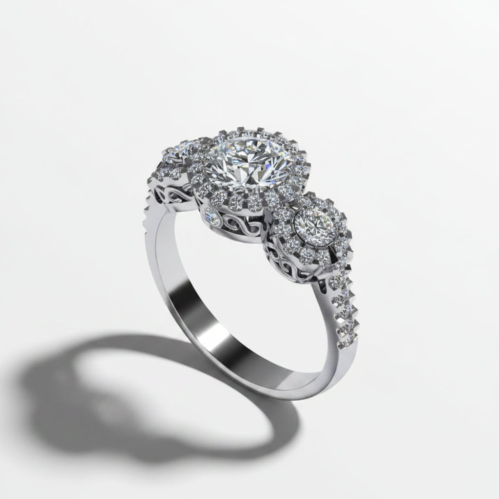 SF15615HALO DIAMOND TRILOGY ENGAGEMENT RING WITH SMALL DIAMONDS SET ON THE SIDE BANDS