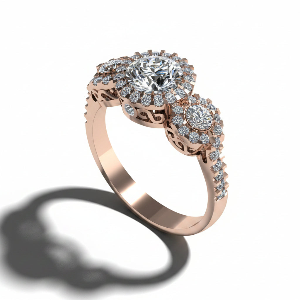 SF15615HALO DIAMOND TRILOGY ENGAGEMENT RING WITH SMALL DIAMONDS SET ON THE SIDE BANDS