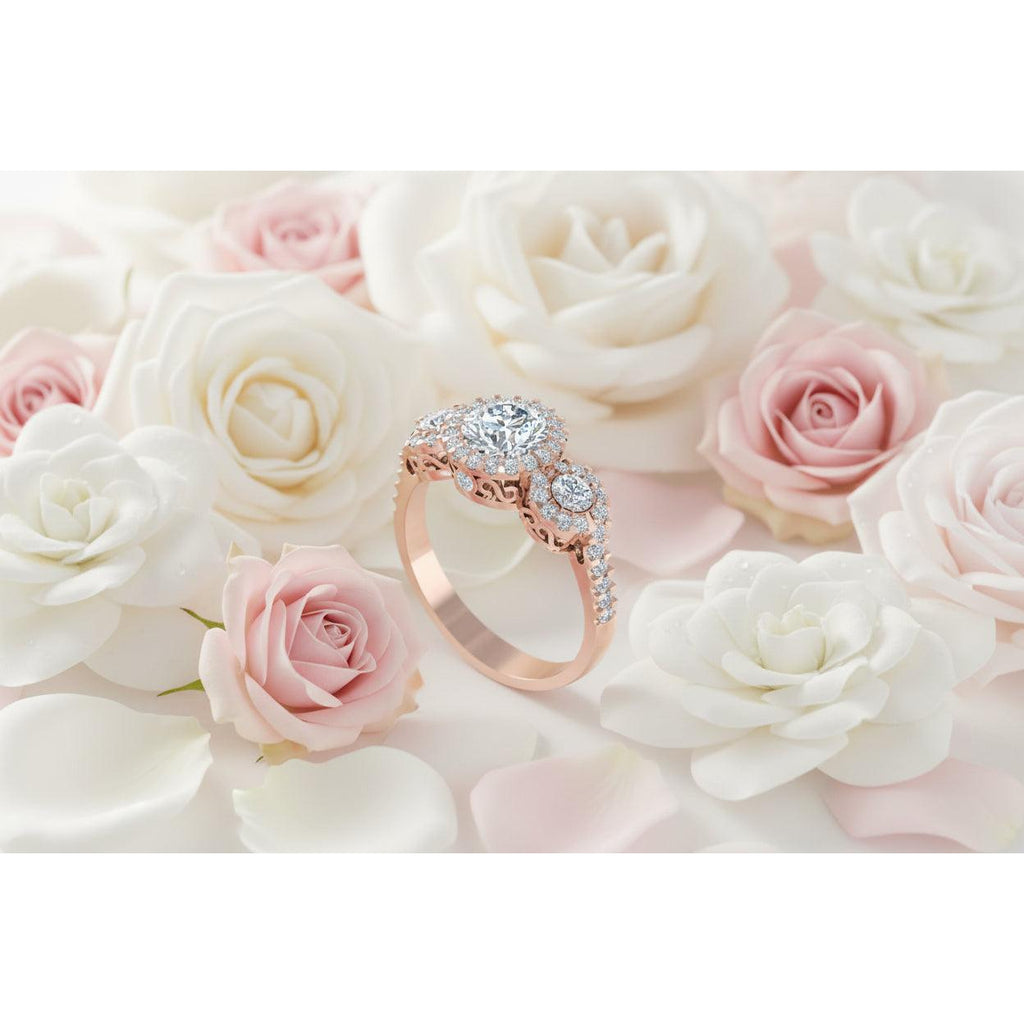 SF15615HALO DIAMOND TRILOGY ENGAGEMENT RING WITH SMALL DIAMONDS SET ON THE SIDE BANDS