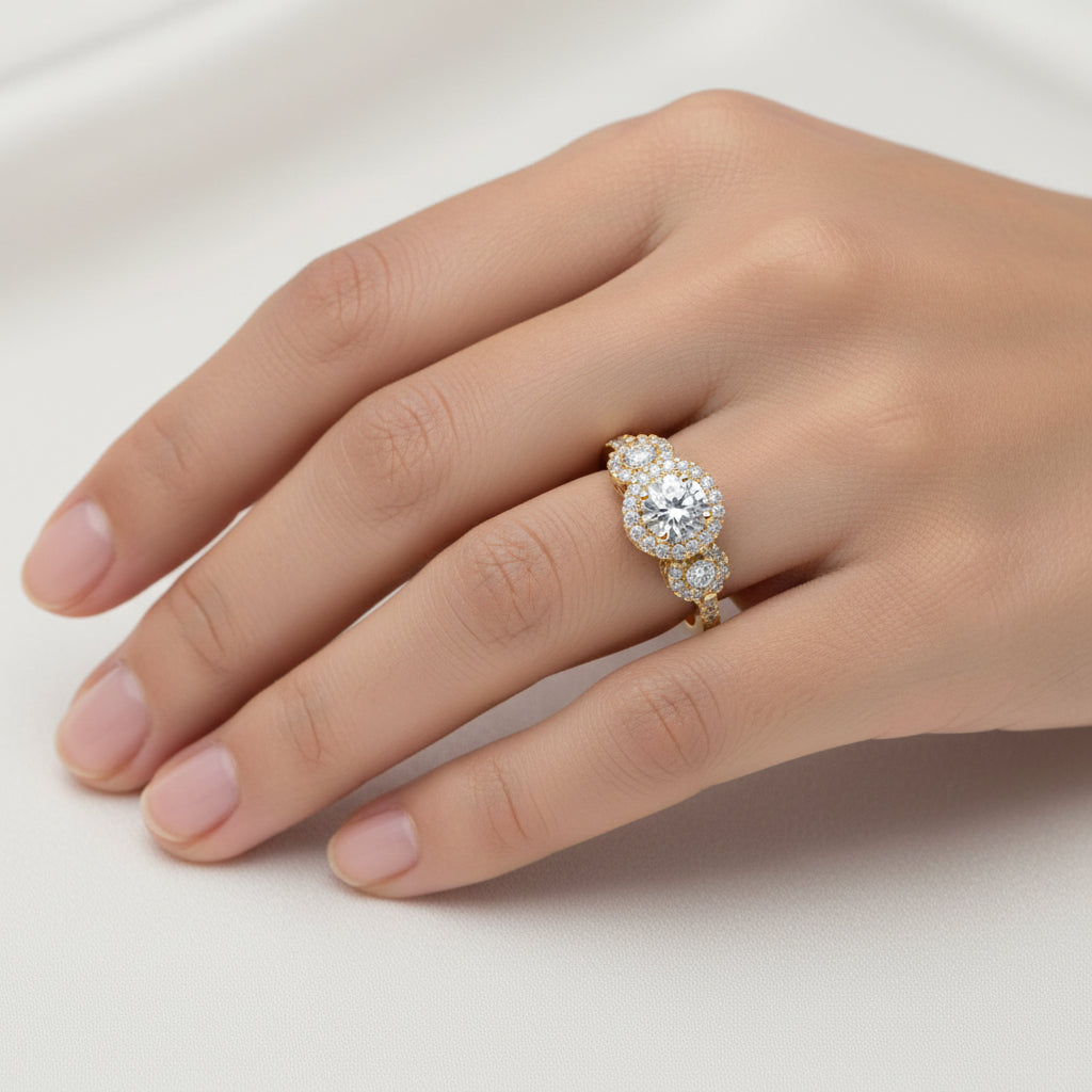 SF15615HALO DIAMOND TRILOGY ENGAGEMENT RING WITH SMALL DIAMONDS SET ON THE SIDE BANDS