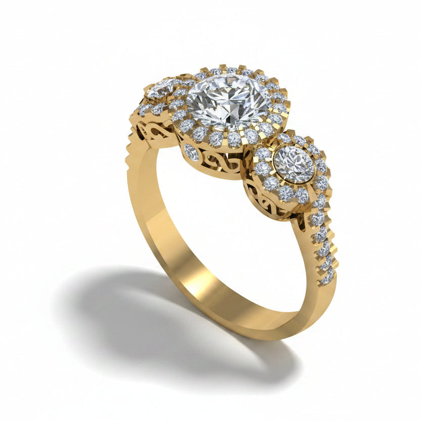 SF15615HALO DIAMOND TRILOGY ENGAGEMENT RING WITH SMALL DIAMONDS SET ON THE SIDE BANDS