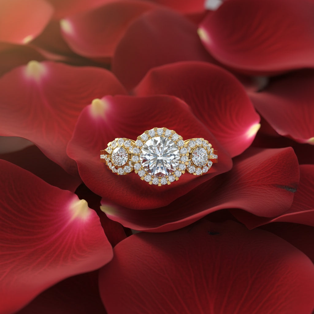 SF15615HALO DIAMOND TRILOGY ENGAGEMENT RING WITH SMALL DIAMONDS SET ON THE SIDE BANDS