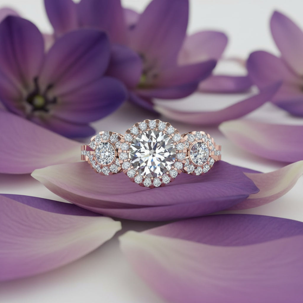SF15615HALO DIAMOND TRILOGY ENGAGEMENT RING WITH SMALL DIAMONDS SET ON THE SIDE BANDS