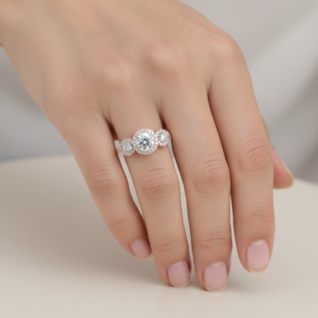 SF15615HALO DIAMOND TRILOGY ENGAGEMENT RING WITH SMALL DIAMONDS SET ON THE SIDE BANDS