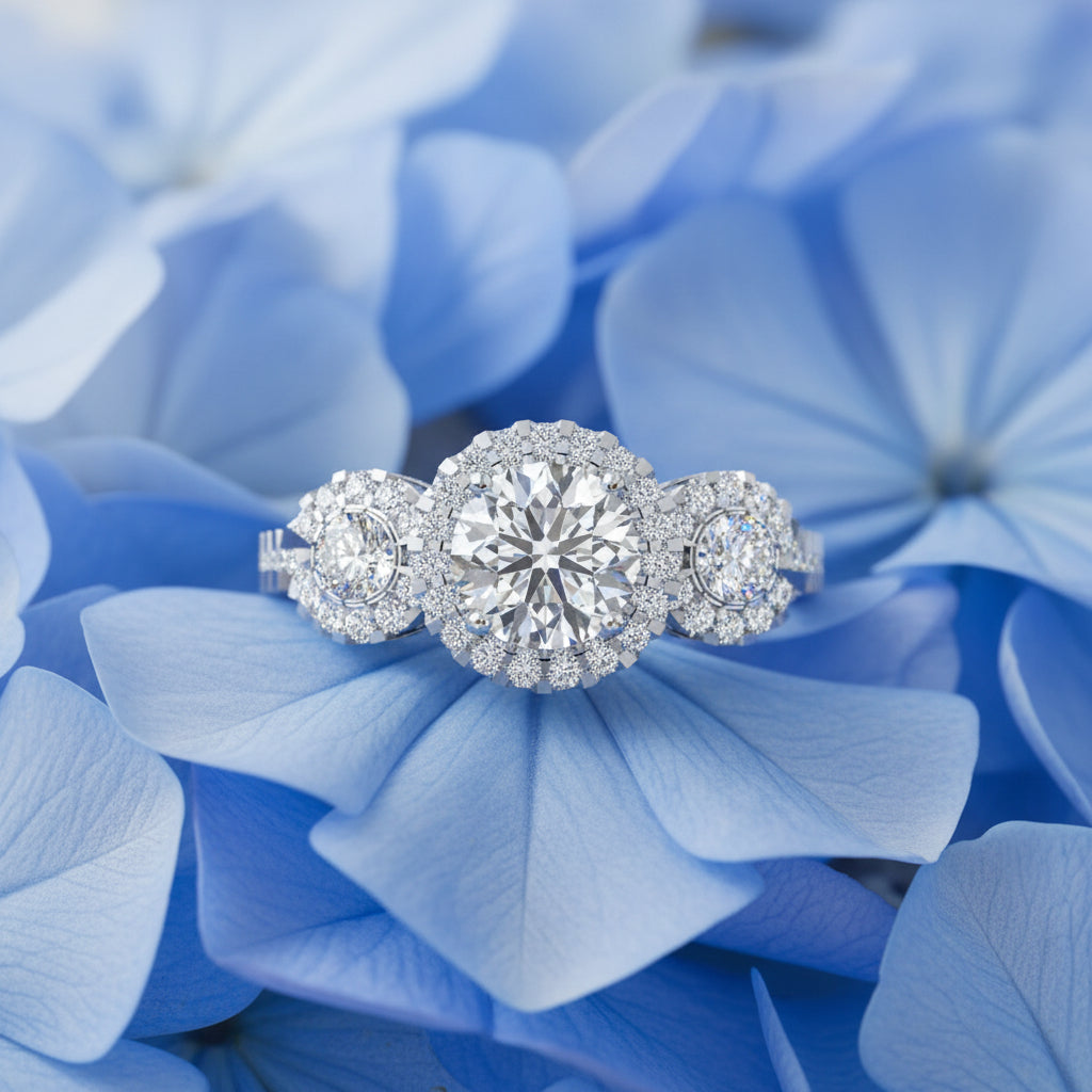 SF15615HALO DIAMOND TRILOGY ENGAGEMENT RING WITH SMALL DIAMONDS SET ON THE SIDE BANDS