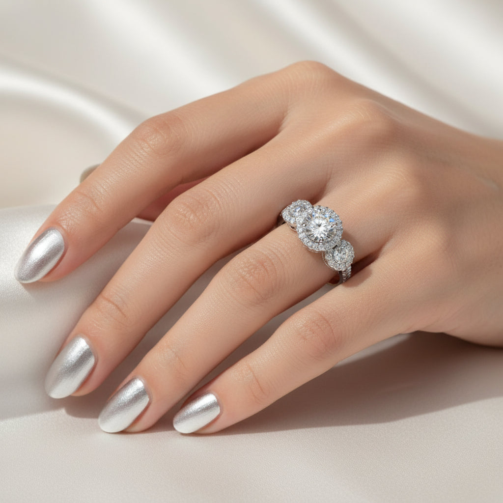 SF15615HALO DIAMOND TRILOGY ENGAGEMENT RING WITH SMALL DIAMONDS SET ON THE SIDE BANDS