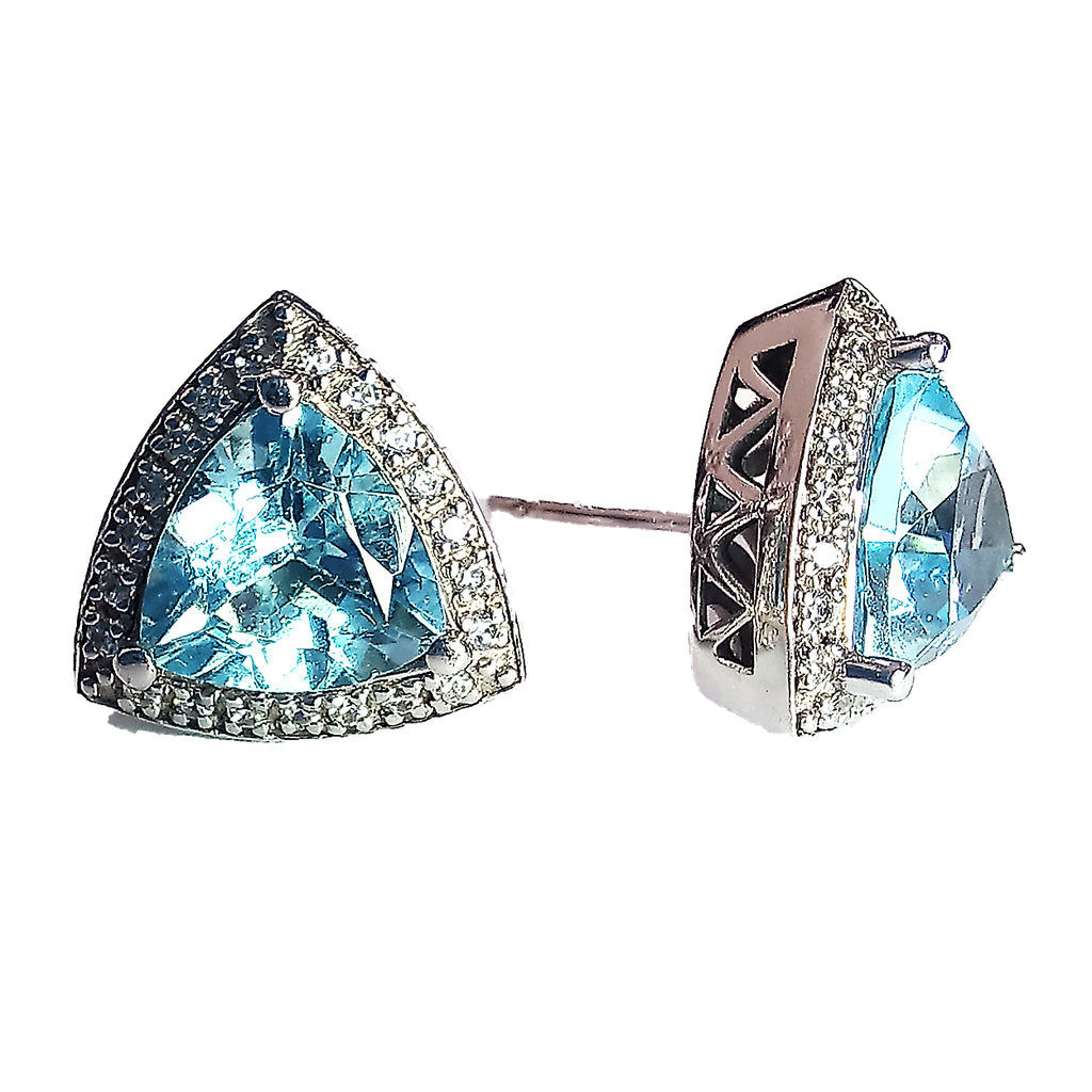 Genuine Light Blue Aquamarine Trillion Cut Earrings in Sterling Silver Setting