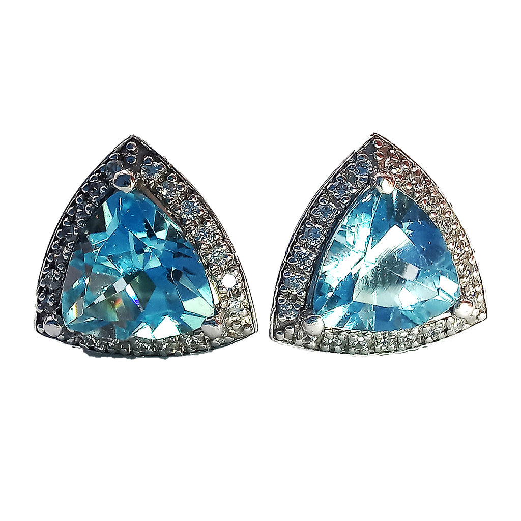 Genuine Light Blue Aquamarine Trillion Cut Earrings in Sterling Silver Setting