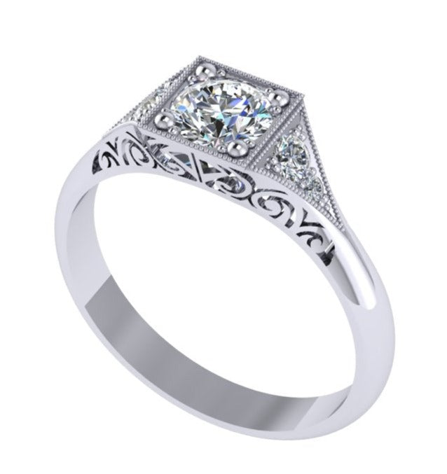 ANTIQUE STYLE DESIGNER ENGAGEMENT RING WITH FILIGREE AND SCROLL GALLERY-Sivana Diamonds