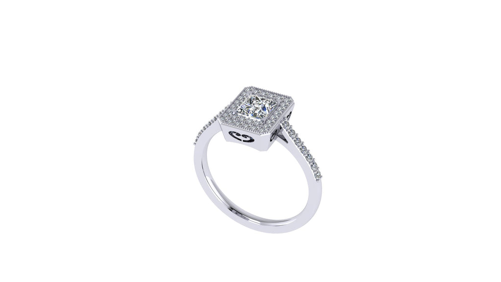 DESIGNER HALO PRINCESS CUT DIAMOND ENGAGEMENT RING IN RECTANGULAR SETTING-Sivana Diamonds