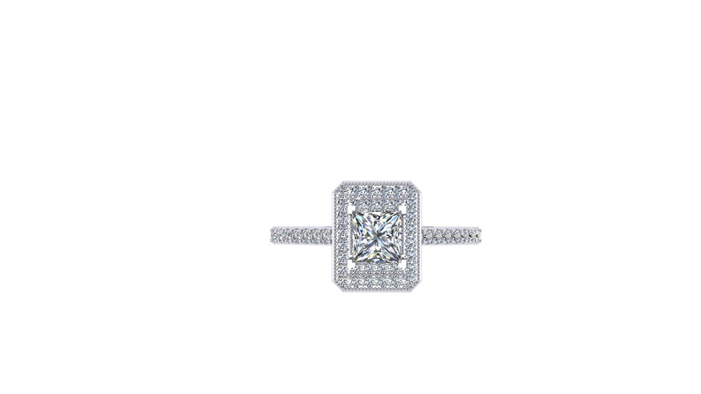 DESIGNER HALO PRINCESS CUT DIAMOND ENGAGEMENT RING IN RECTANGULAR SETTING-Sivana Diamonds
