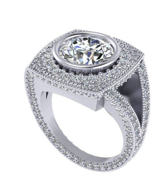 BIG SQUARE SHAPE ROUND DIAMOND ENGAGEMENT RING WITH DIAMONDS SET HALO AND ON SPLIT SHANK-Sivana Diamonds
