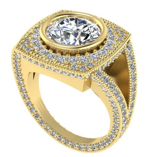 BIG SQUARE SHAPE ROUND DIAMOND ENGAGEMENT RING WITH DIAMONDS SET HALO AND ON SPLIT SHANK-Sivana Diamonds