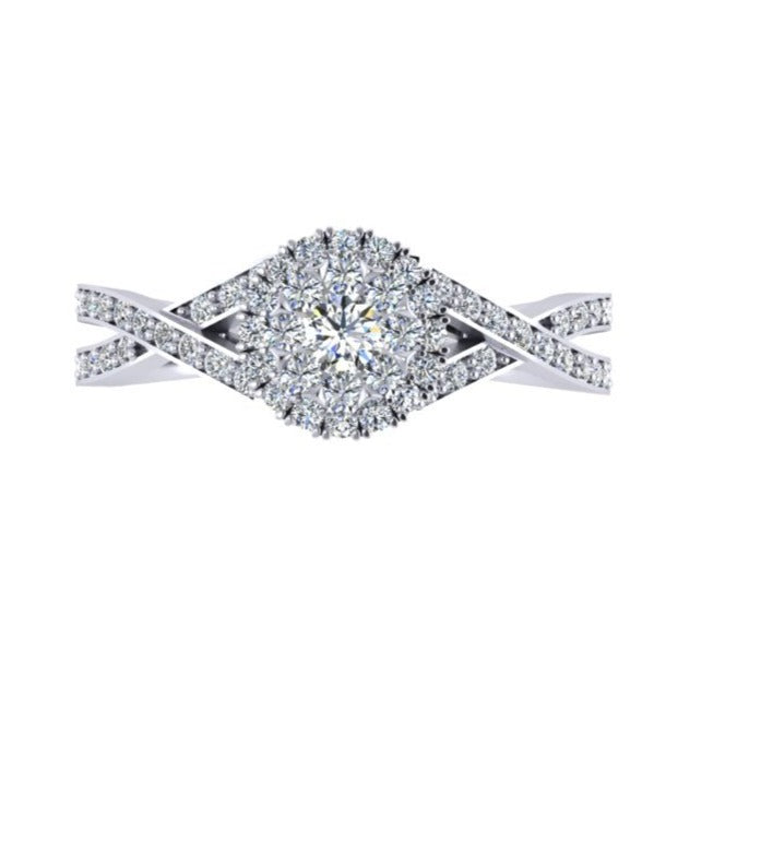CLUSTER DIAMOND ENGAGEMENT RING WITH CROSS OVER SHANK SET WITH SMALL ROUND BRILLIANT DIAMONDS-Sivana Diamonds