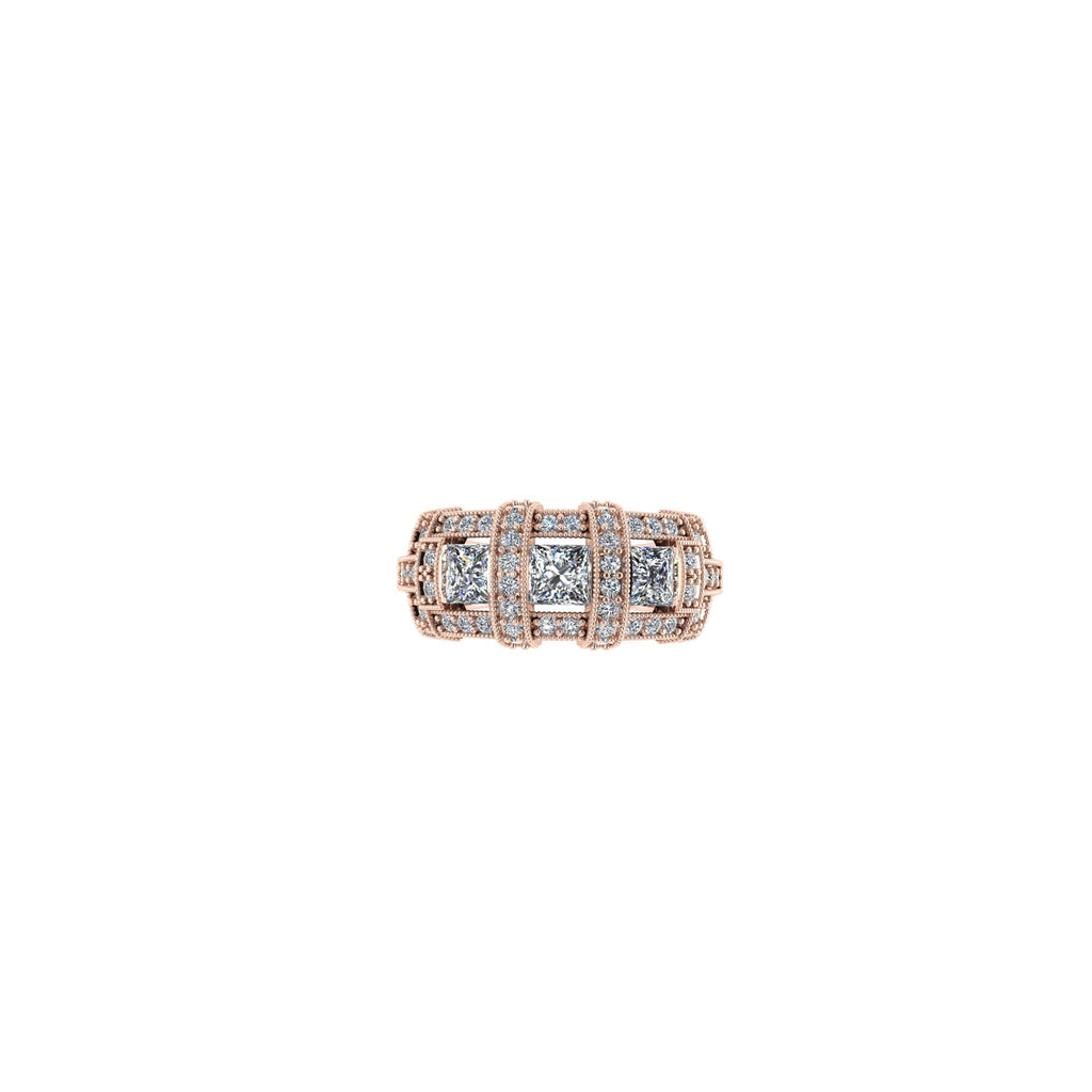 PRINCESS CUT DIAMOND DRESS RING WITH THREE PRINCESS CUTS ENCRUSTED WITH ROUND BRILLIANT DIAMONDS-Sivana Diamonds