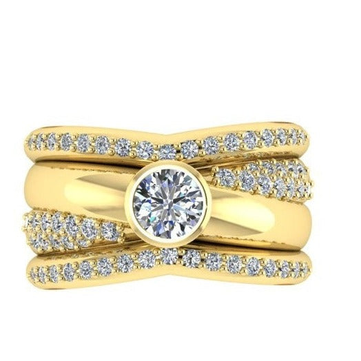 5 CRISSCROSS-MULTISIZE BANDS ENGAGEMENT RING WITH PAVE SIDE DIAMONDS-Sivana Diamonds