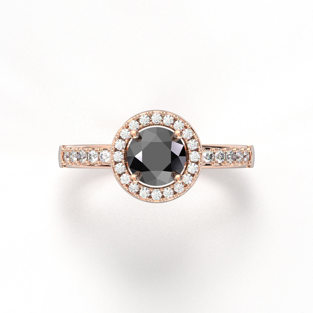 Black Diamond Halo Side-stone Ring --her