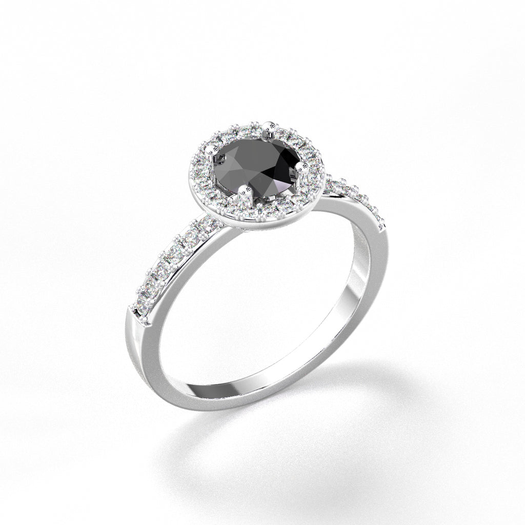 Black Diamond Halo Side-stone Ring --her